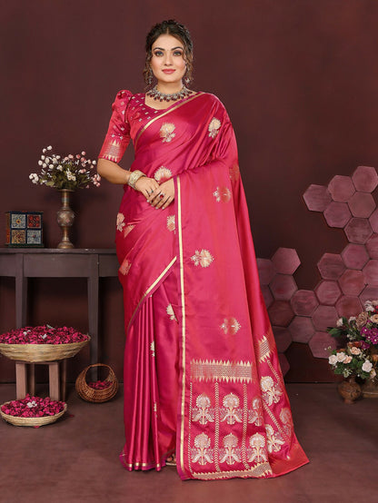 Joban Fashion Pink Floral Motifs Banarasi Silk Sarees