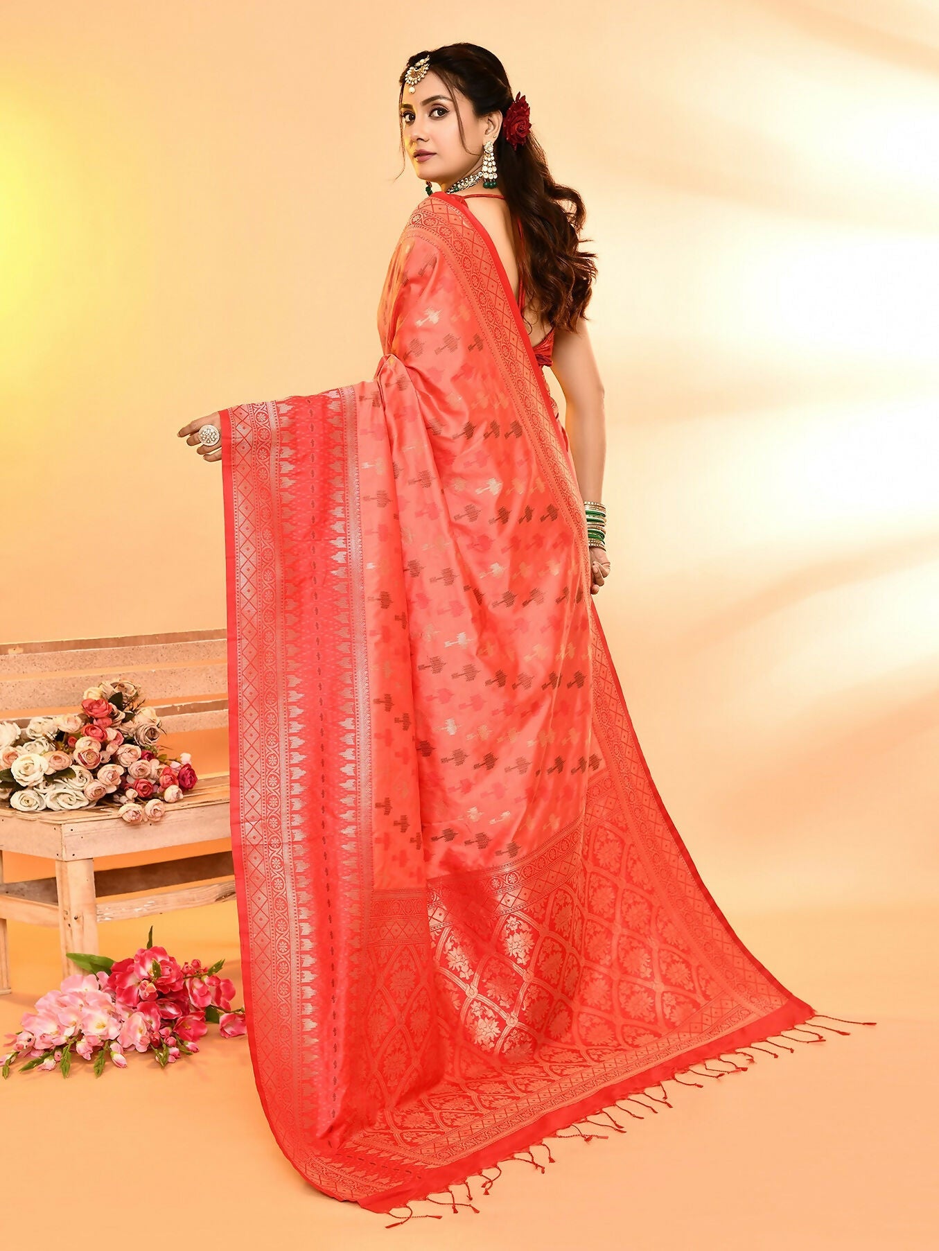 Joban Fashion Peach & Red Plain With Weaving Border Banarasi Silk Sarees