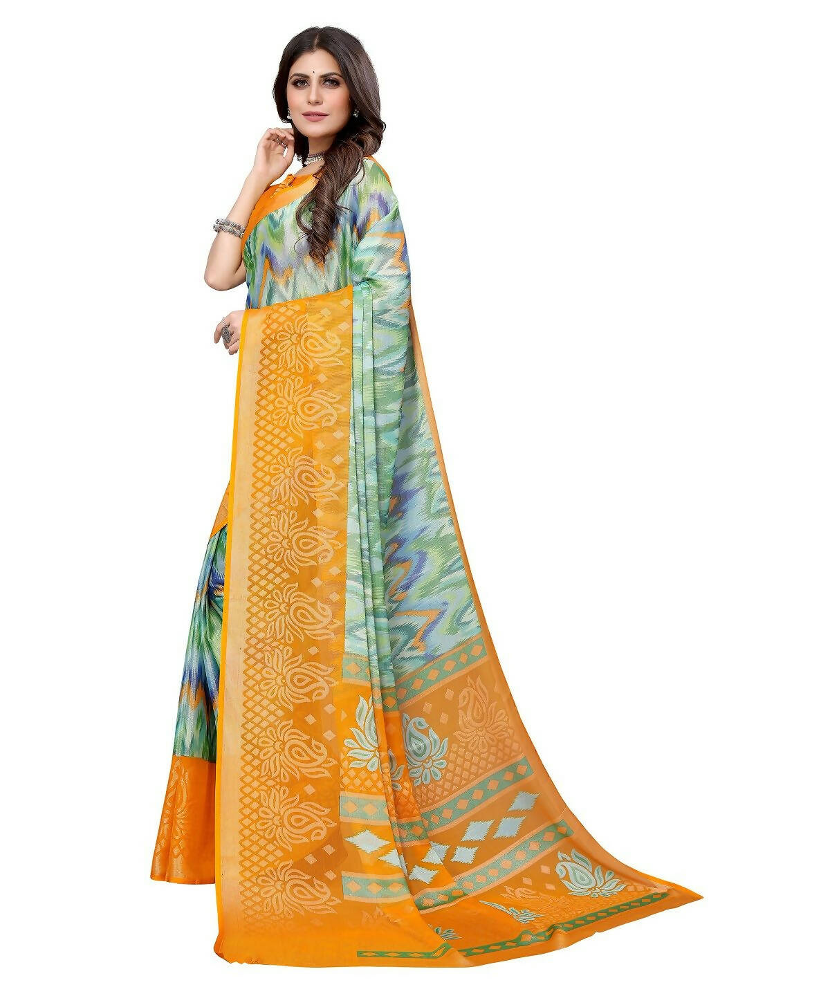 Vamika Green Chiffon Brasso Bollywood Style Woven Saree (KARUNA YELLOW)