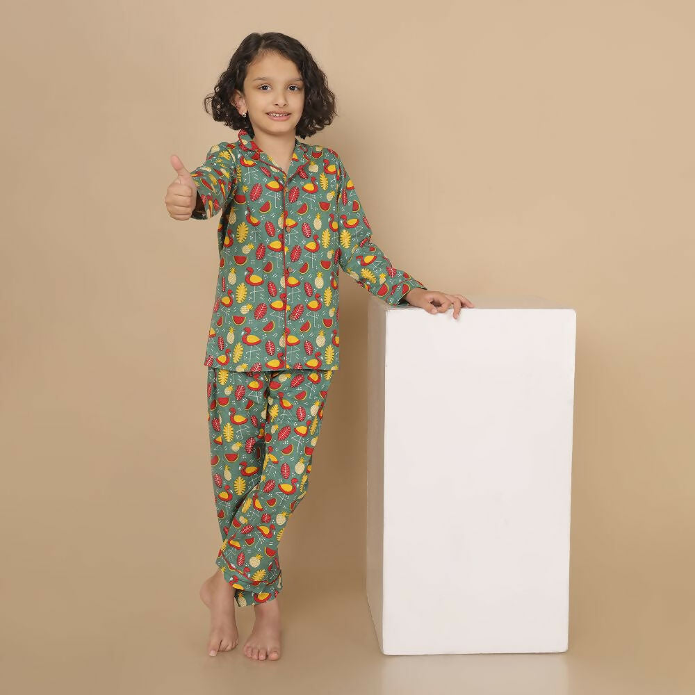 Breathables Kids Cotton Watermelon & Pineapple Print Night Suit – Green Full Sleeves Shirt & Pant Co-Ord Set | Nightwear