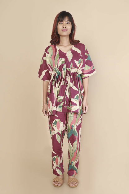 Breathables Women’S Loungewear Kaftan Cotton Wine Abstract Print Co-Ord Set