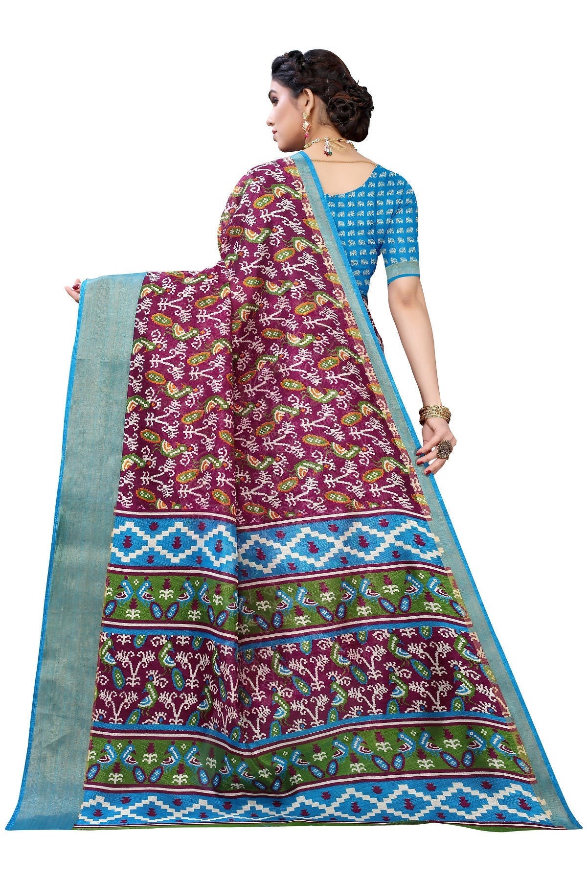 Vamika Purple and Blue Linen Jari Border Saree Online At Low Price