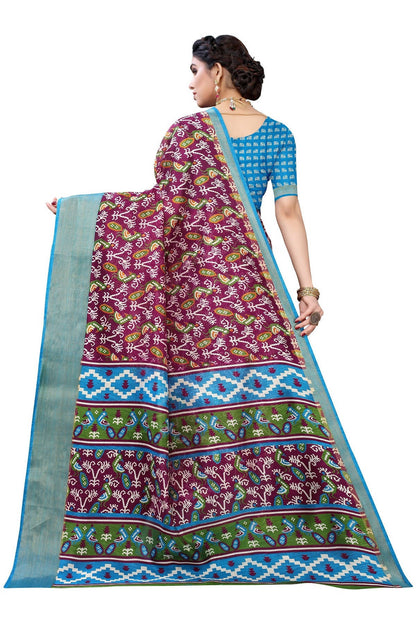 Vamika Purple and Blue Linen Jari Border Saree Online At Low Price