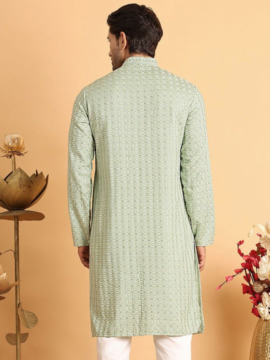Anouk Men Geometric Embroidered Chikankari Kurta Green