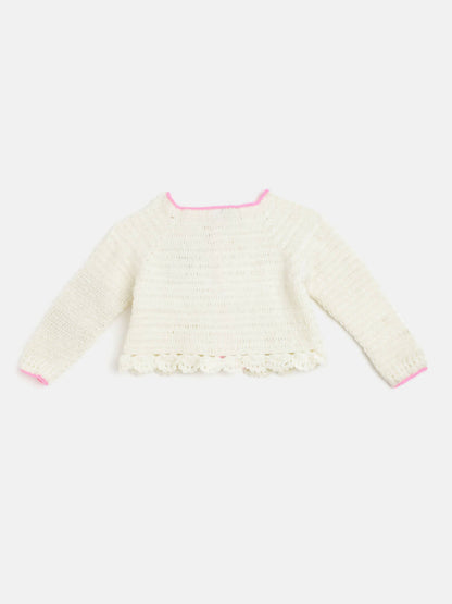 Chutput Kids Woollen Hand Knitted Full Sleeves Cardigan With Short Sleeves Flower Work Dress For Baby Girls - Cream