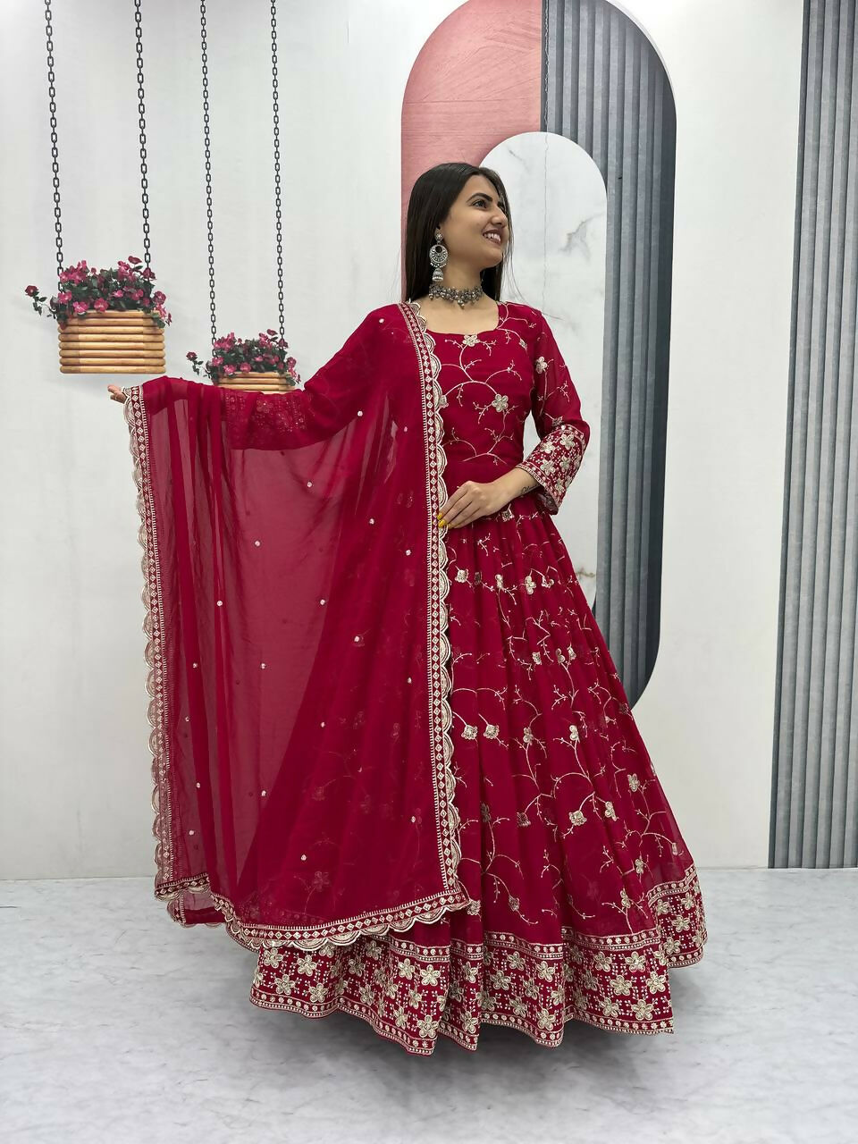 Teeya Creation Womens New Heavy Fox Georgette Fabric With Heavy Embroidery Work Red Kurta Set