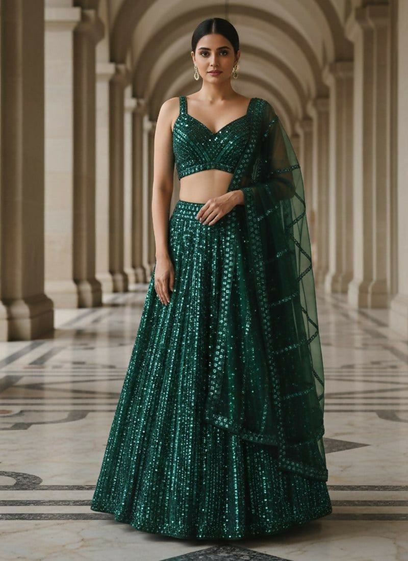 Lehenga Mart Green Net Designer Bollywood Style Wedding Wear Lehenga Choli
