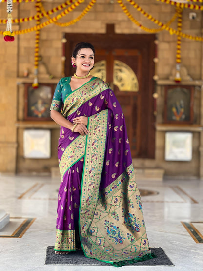 Mameraa Sarees Wine Faux Banarasi Silk Saree With Paithani Rich Weaved Pallu And Blouse-Wine
