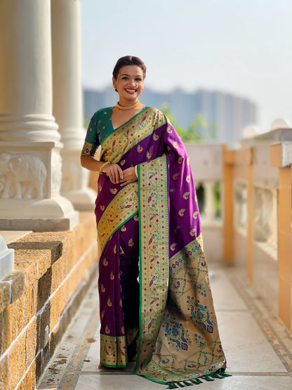 Mameraa Sarees Wine Faux Banarasi Silk Saree With Paithani Rich Weaved Pallu And Blouse-Wine