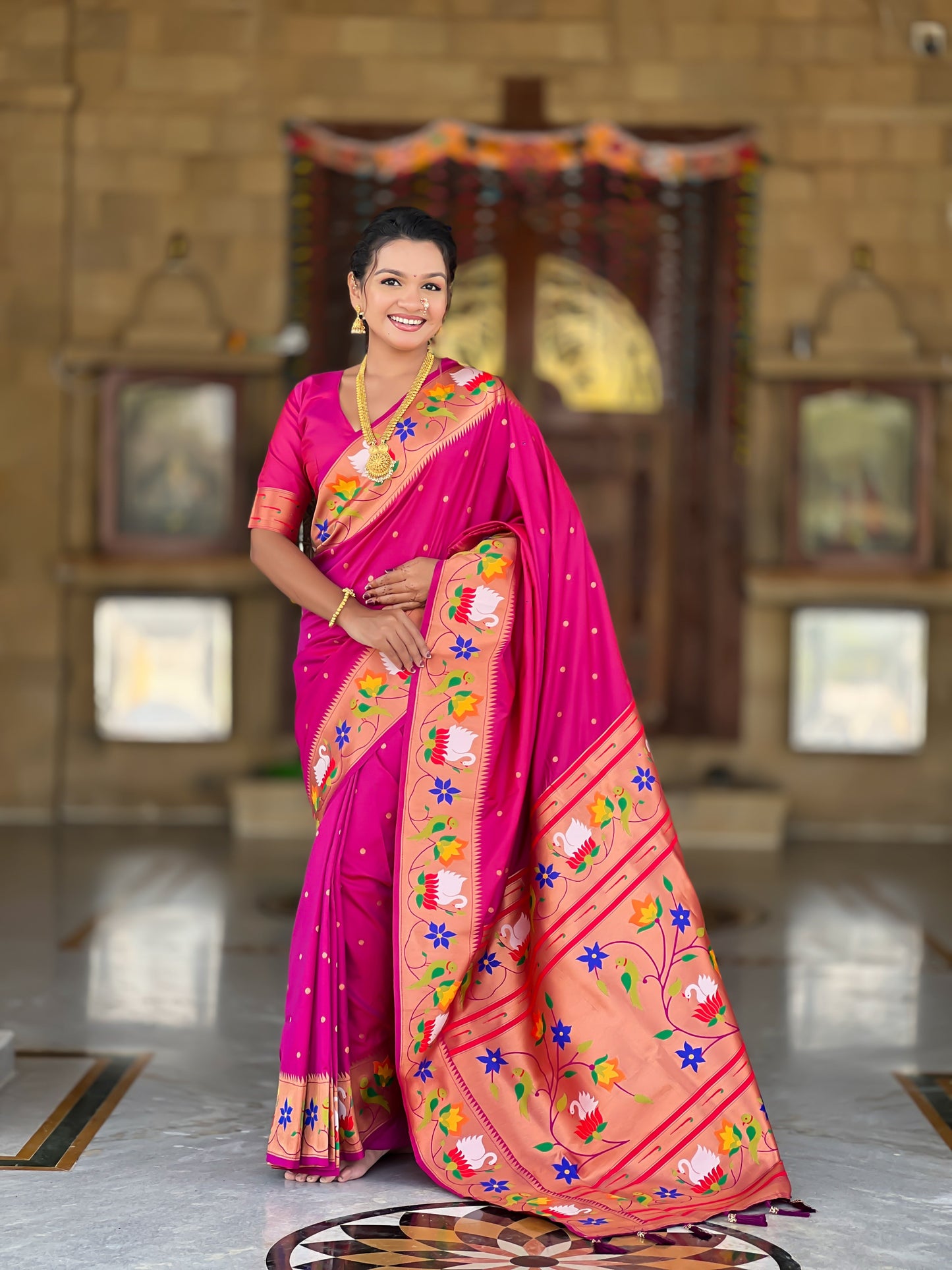Mameraa Sarees Wine Faux Banarasi Silk Saree With Paithani Rich Weaved Pallu And Blouse-Wine