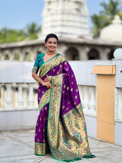 Mameraa Sarees Wine Faux Banarasi Silk Saree With Paithani Rich Weaved Pallu And Blouse-Wine