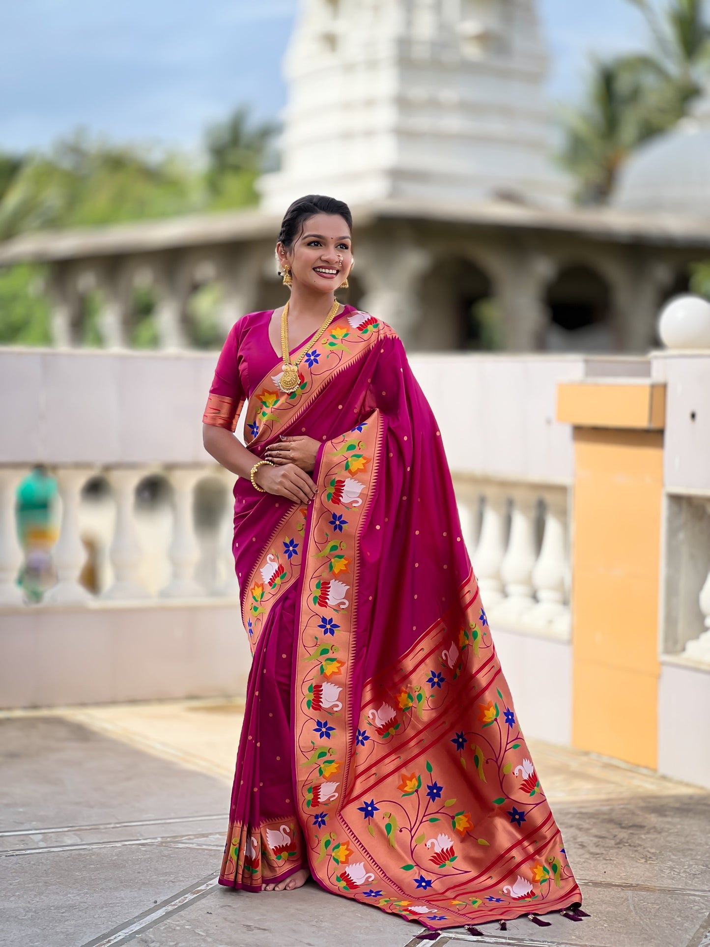 Mameraa Sarees Wine Faux Banarasi Silk Saree With Paithani Rich Weaved Pallu And Blouse-Wine