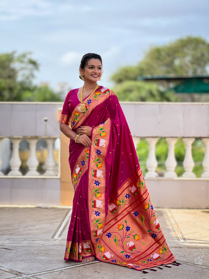 Mameraa Sarees Wine Faux Banarasi Silk Saree With Paithani Rich Weaved Pallu And Blouse-Wine