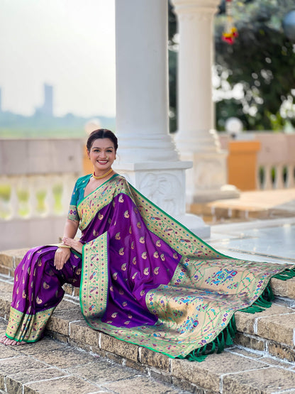 Mameraa Sarees Wine Faux Banarasi Silk Saree With Paithani Rich Weaved Pallu And Blouse-Wine