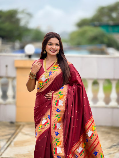 Mameraa Sarees Coffee Faux Banarasi Silk Saree With Paithani Rich Weaved Pallu And Blouse-Maroon