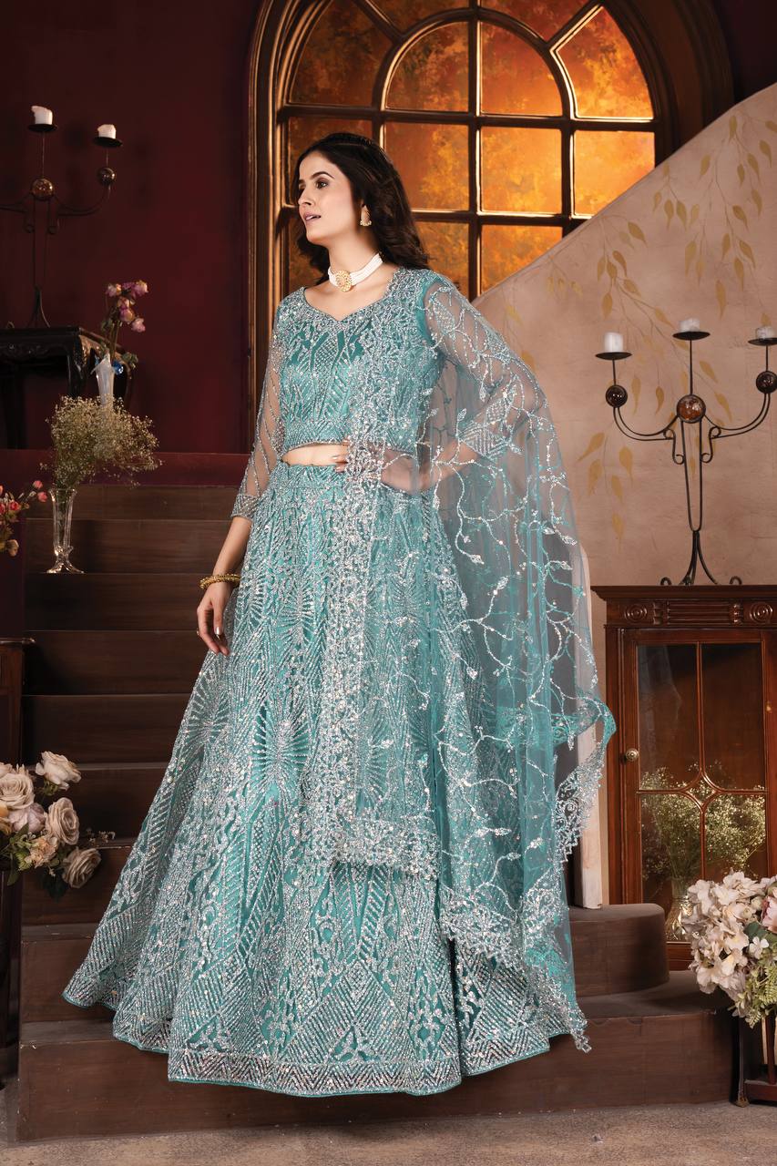 Lehenga Mart Designer Aqua Bollywood Style Bridal Lehenga Choli - Aqua-Blue