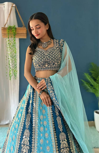 Lehenga Mart Designer Bollywood Style Wedding Wear Lehenga Choli - Aqua-Blue