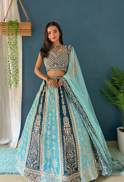 Lehenga Mart Designer Bollywood Style Wedding Wear Lehenga Choli - Aqua-Blue