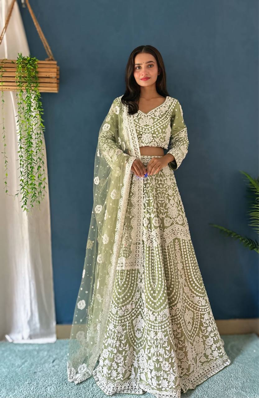 Lehenga Mart Designer Pista Bollywood Style Bridal Lehenga Choli - Light-Green