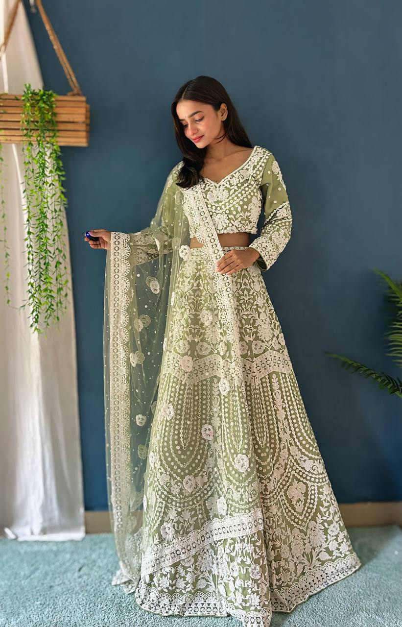 Lehenga Mart Designer Pista Bollywood Style Bridal Lehenga Choli - Light-Green