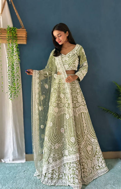 Lehenga Mart Designer Pista Bollywood Style Bridal Lehenga Choli - Light-Green