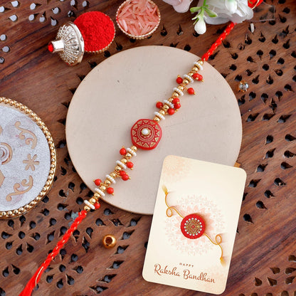 trueBrowns X Voylla Men's Red Enamelled White Pearls Thread Rakhi For Brother