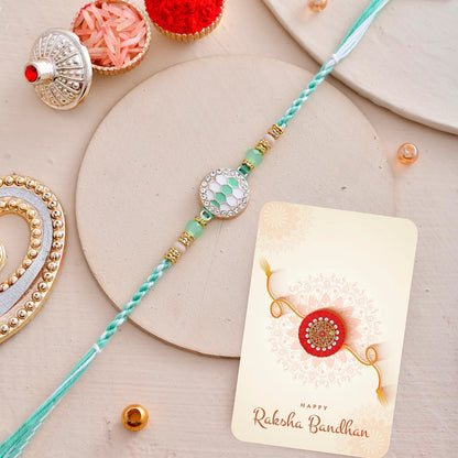 trueBrowns X Voylla Men's Green Thread Traditional Design White Pearls Rakhi For Brother