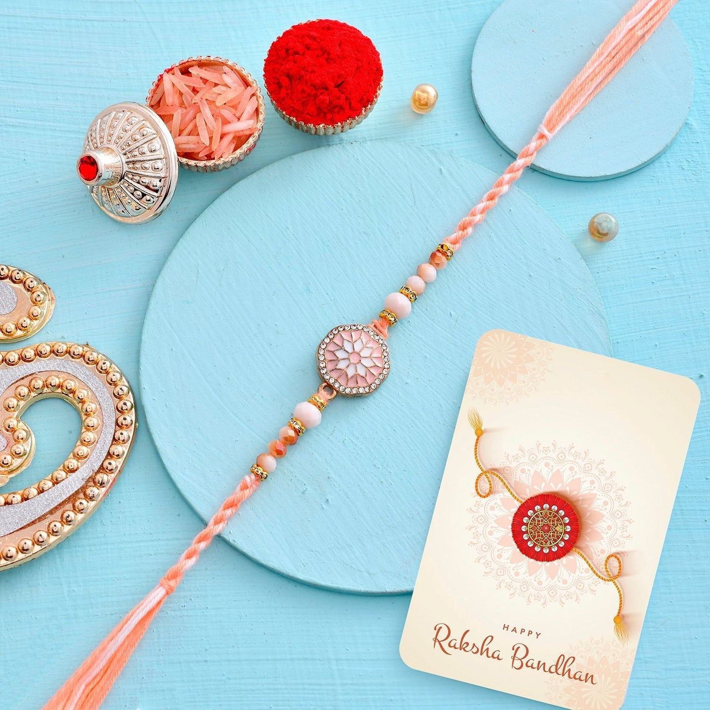 trueBrowns X Voylla Men's Orange Thread Traditional Design White Pearls Rakhi For Brother