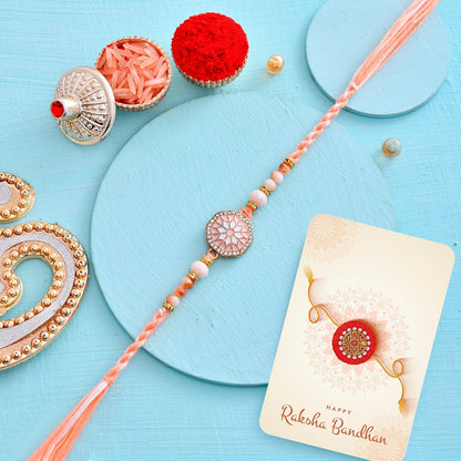 trueBrowns X Voylla Men's Orange Thread Traditional Design White Pearls Rakhi For Brother