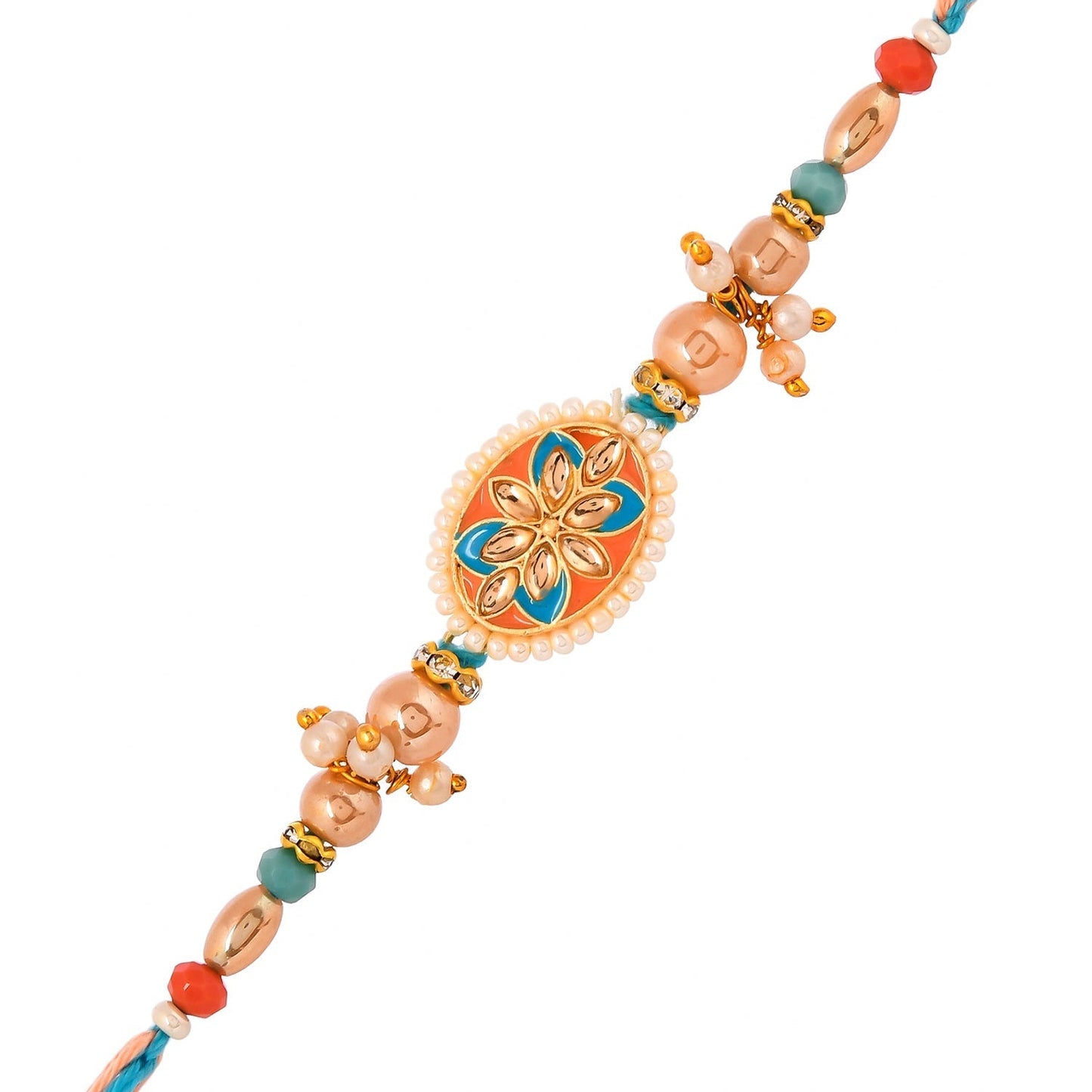 trueBrowns X Voylla Men's Colourful Thread Traditional Design White Pearls Rakhi For Brother