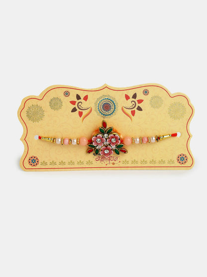 NVR Men Pink Floral Shape Stone-Studdded & Beaded Rakhi With Roli Chawal & Chocolate