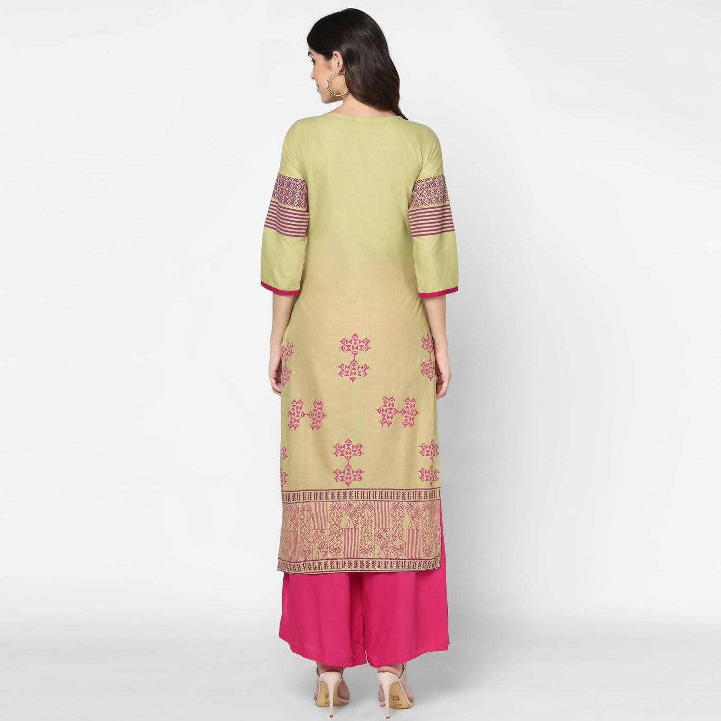 Cheera Hand Block Print Green & Pink Straight Kurta With Palazzo (MAAI-079K)