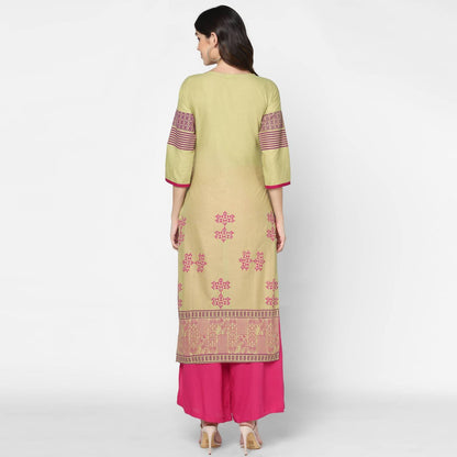 Cheera Hand Block Print Green & Pink Straight Kurta With Palazzo (MAAI-079K)