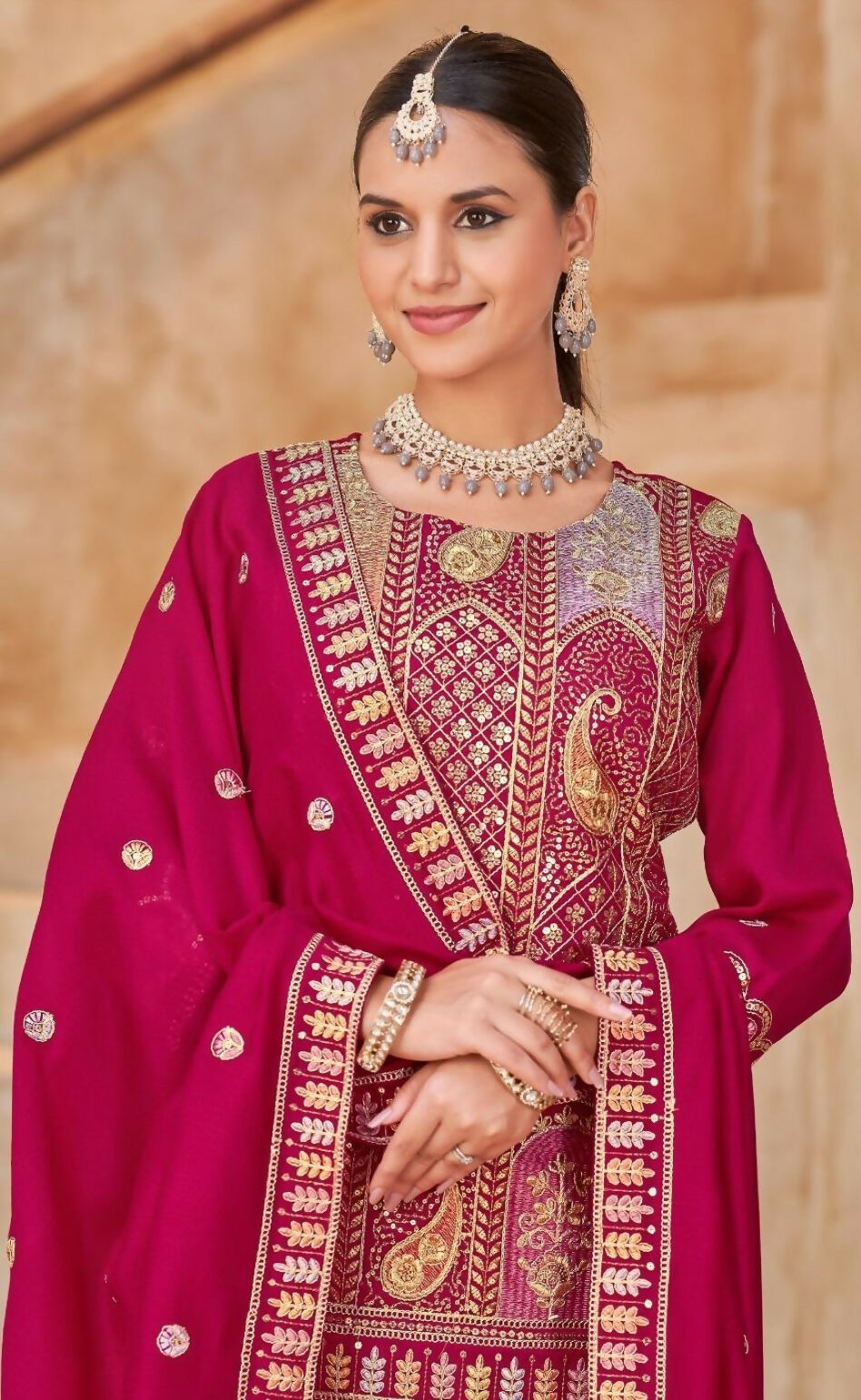 Anaita Rani Pink Vichitra Silk Readymade Suit with Embroidery & Lace Work