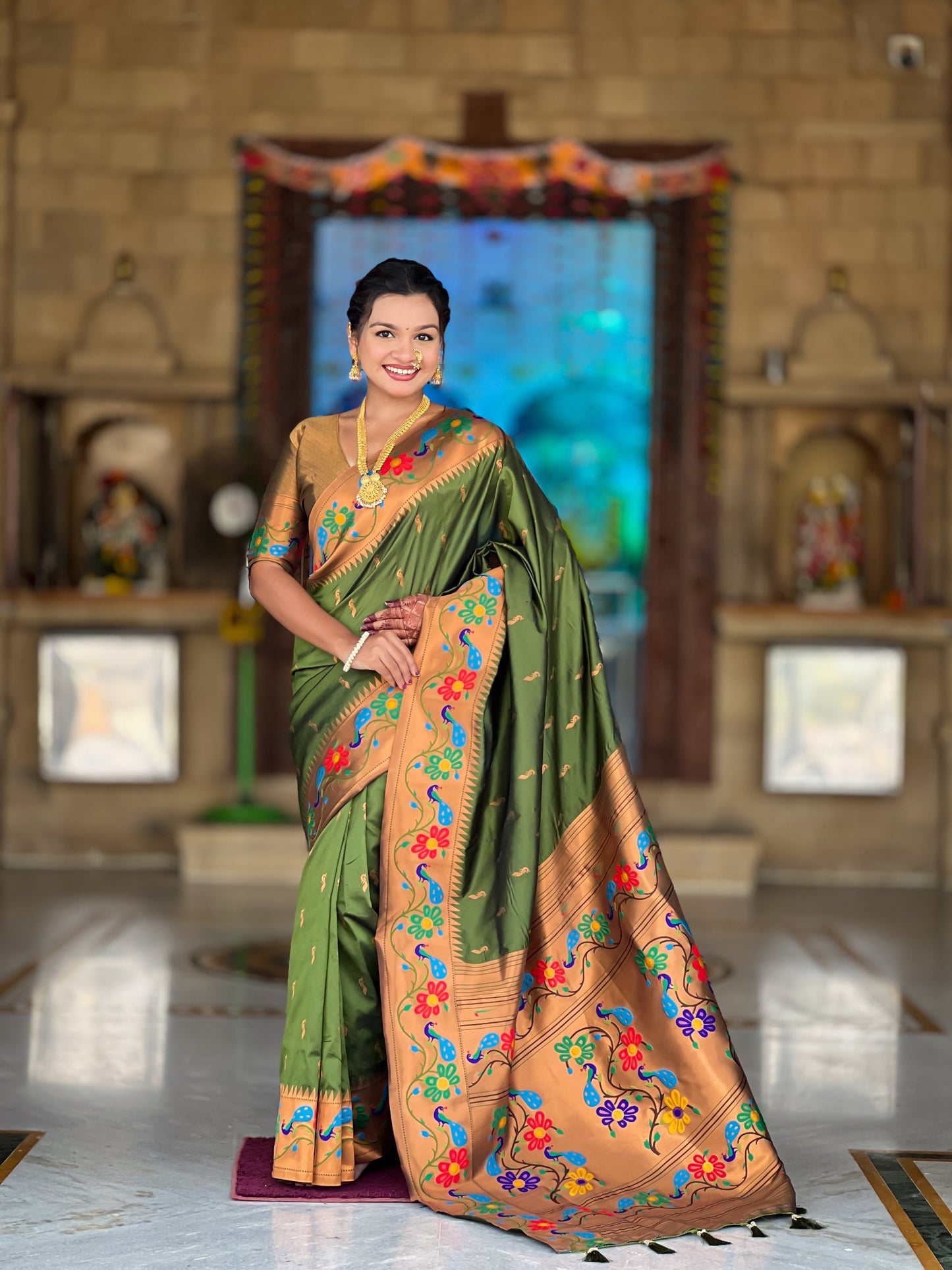 Mameraa Sarees Parrot Green Faux Banarasi Silk Saree With Paithani Rich Weaved Pallu And Blouse-Parrot_Green