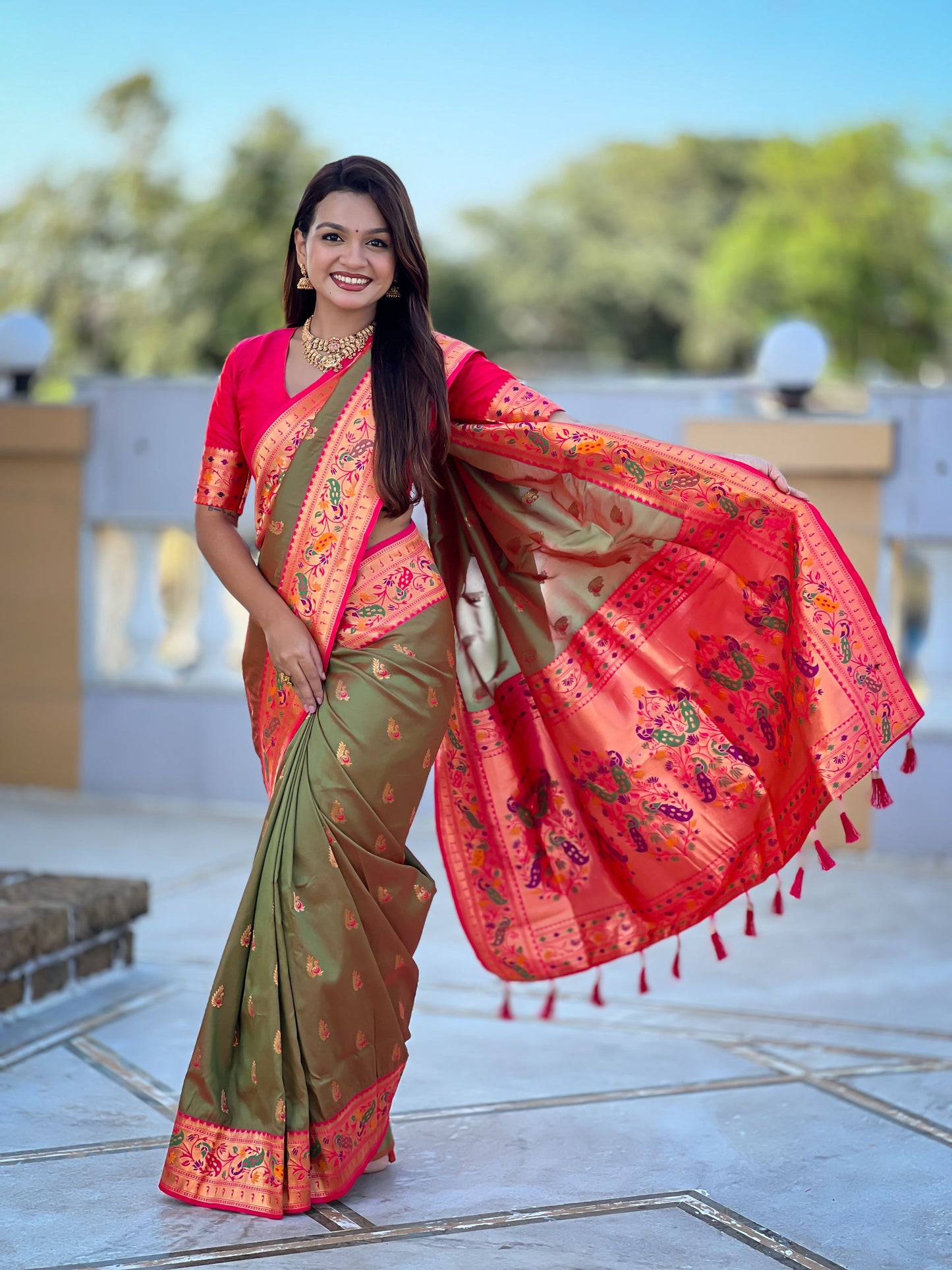 Mameraa Sarees Green Faux Banarasi Silk Saree With Paithani Rich Weaved Pallu And Blouse-Green