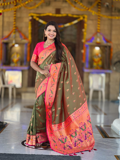 Mameraa Sarees Green Faux Banarasi Silk Saree With Paithani Rich Weaved Pallu And Blouse-Green