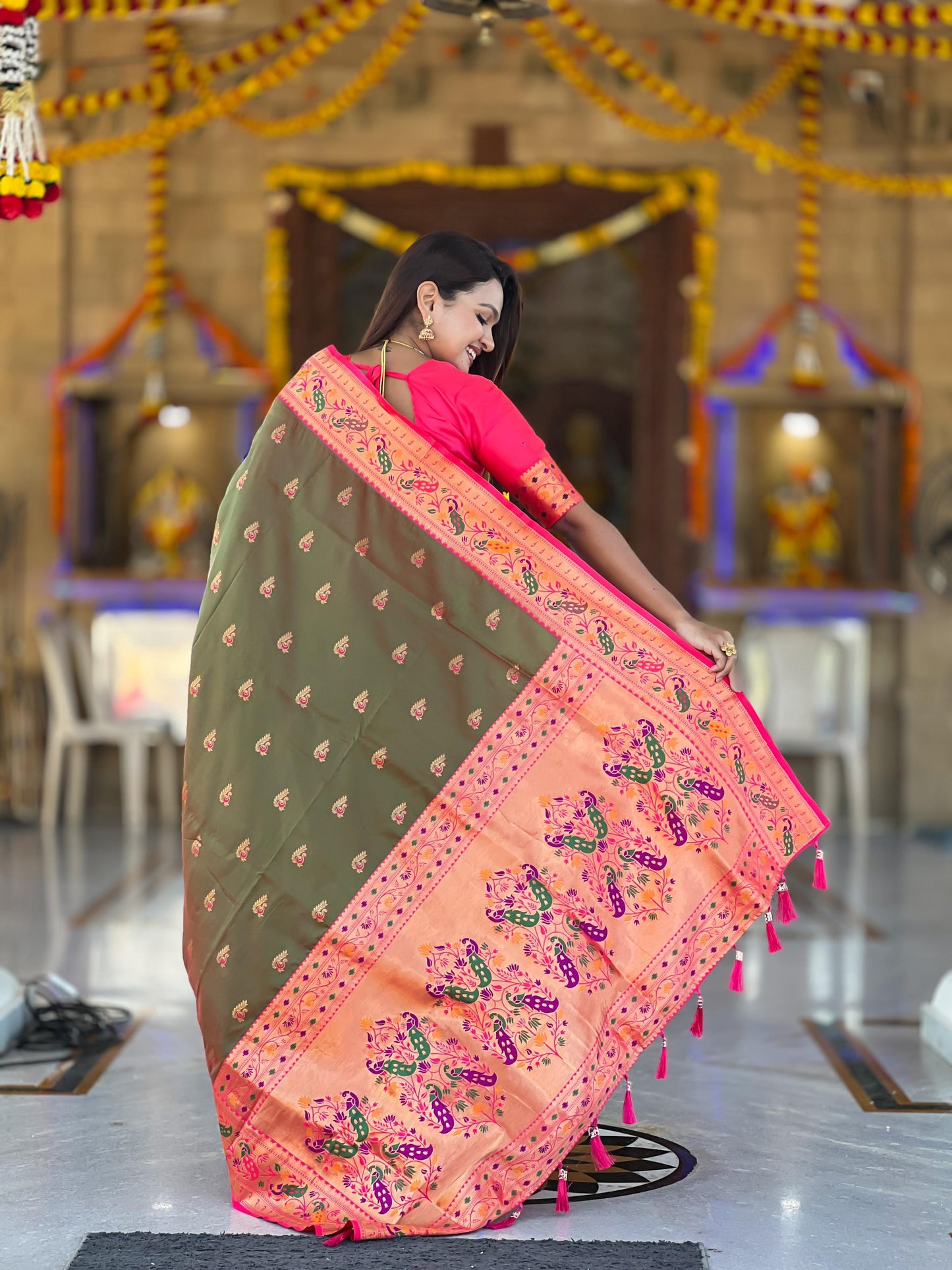 Mameraa Sarees Green Faux Banarasi Silk Saree With Paithani Rich Weaved Pallu And Blouse-Green