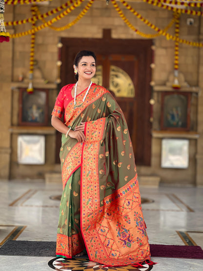 Mameraa Sarees Mahendi Green Faux Banarasi Silk Saree With Paithani Rich Weaved Pallu And Blouse-Teal