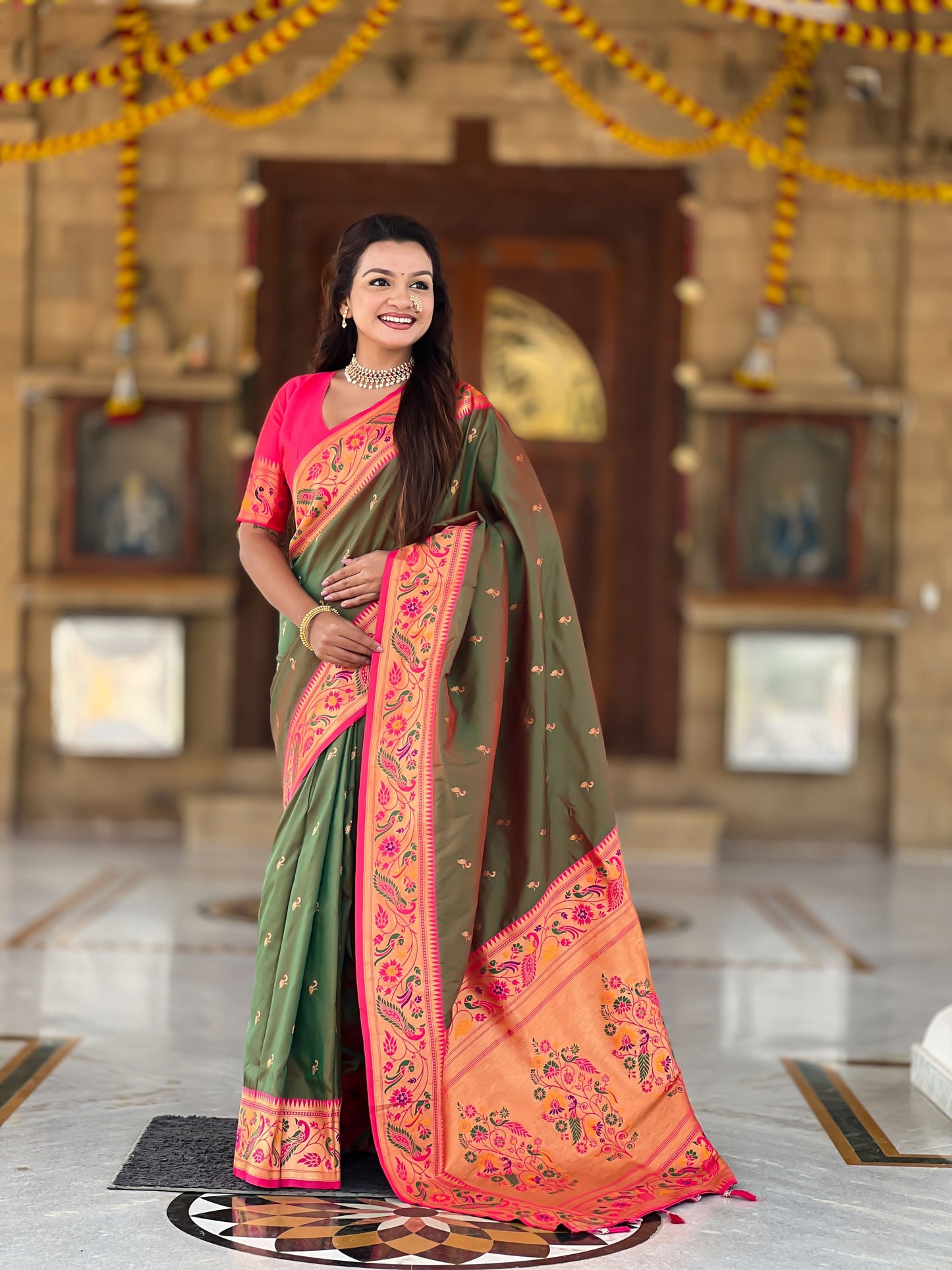 Mameraa Sarees Green Faux Banarasi Silk Saree With Paithani Rich Weaved Pallu And Blouse-Green