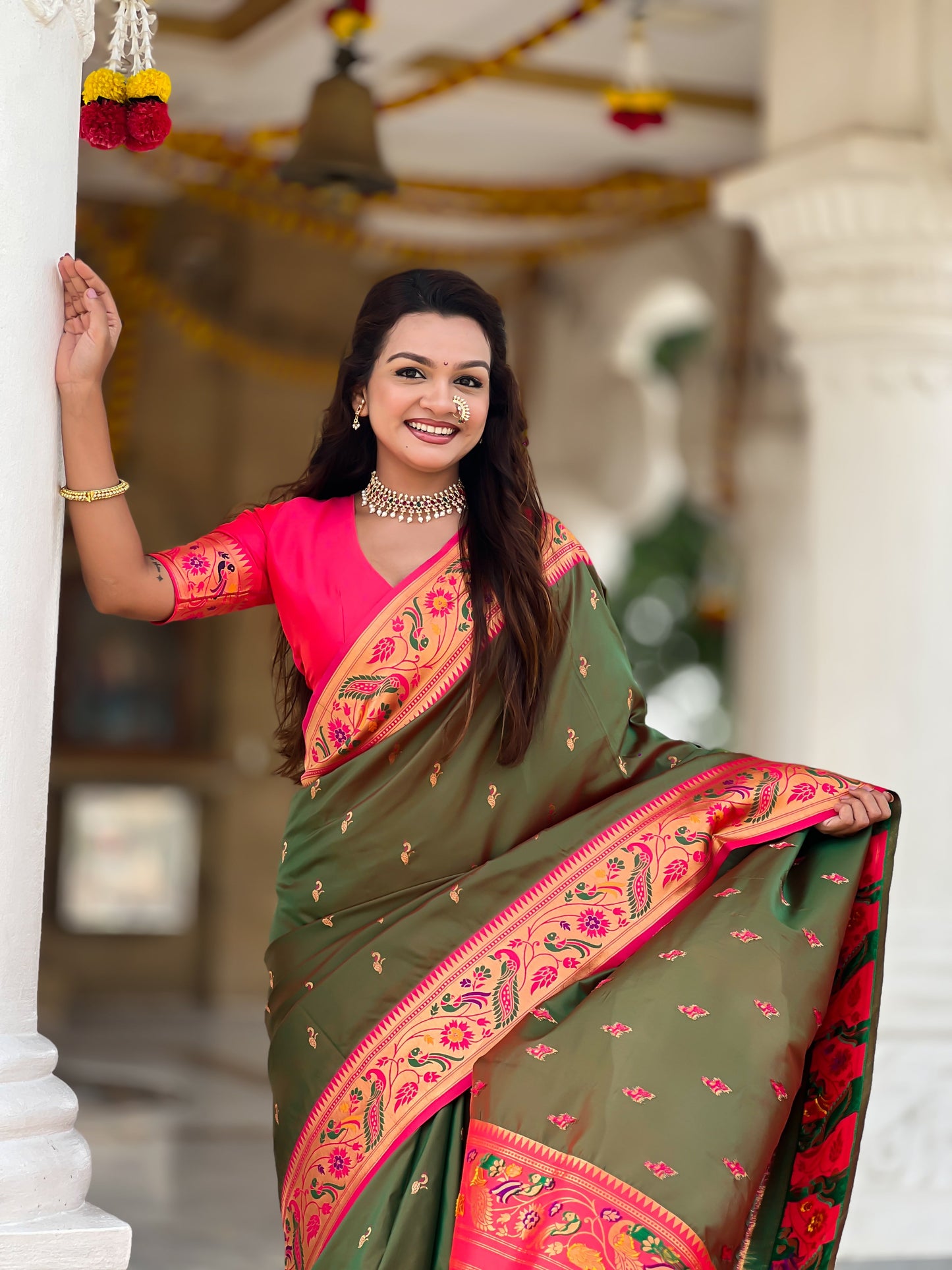 Mameraa Sarees Green Faux Banarasi Silk Saree With Paithani Rich Weaved Pallu And Blouse-Green