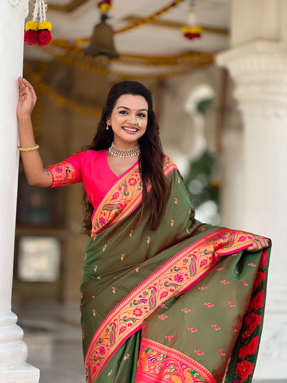 Mameraa Sarees Green Faux Banarasi Silk Saree With Paithani Rich Weaved Pallu And Blouse-Green