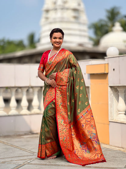 Mameraa Sarees Mahendi Green Faux Banarasi Silk Saree With Paithani Rich Weaved Pallu And Blouse-Teal
