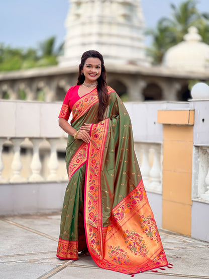 Mameraa Sarees Green Faux Banarasi Silk Saree With Paithani Rich Weaved Pallu And Blouse-Green