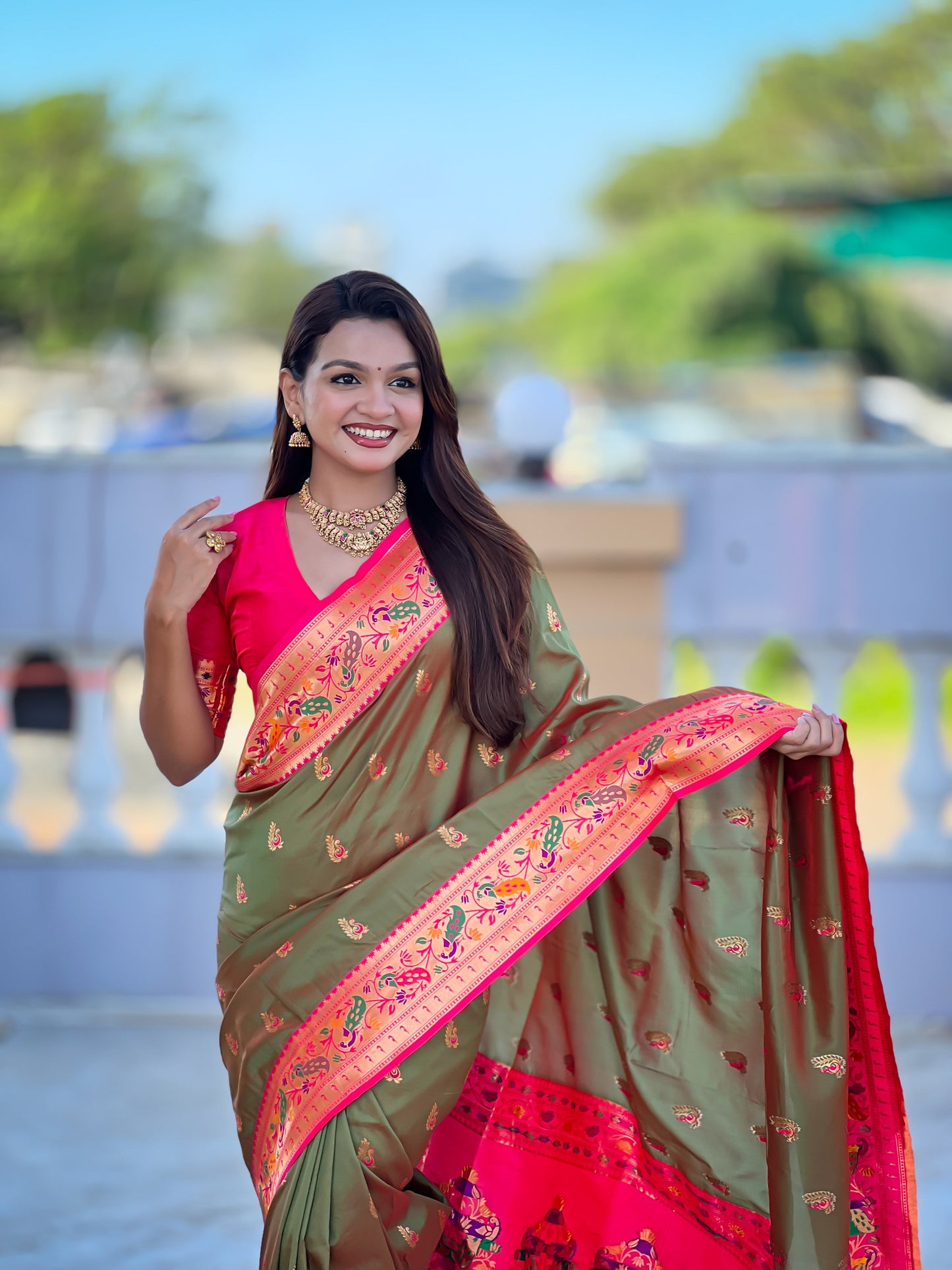 Mameraa Sarees Green Faux Banarasi Silk Saree With Paithani Rich Weaved Pallu And Blouse-Green