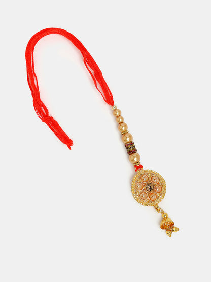 NVR Women & Men Set of 2 Gold-Toned Stone-Studded & Beaded Bhaiya Bhabi Rakhi With Roli Chawal