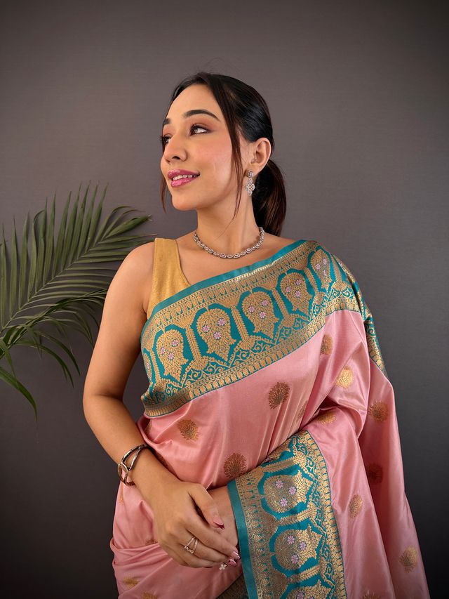 Elora Baby Pink Soft Silk Butti Zari Weaving Contrast Pallu Banarasi Saree