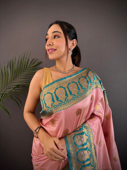 Elora Baby Pink Soft Silk Butti Zari Weaving Contrast Pallu Banarasi Saree