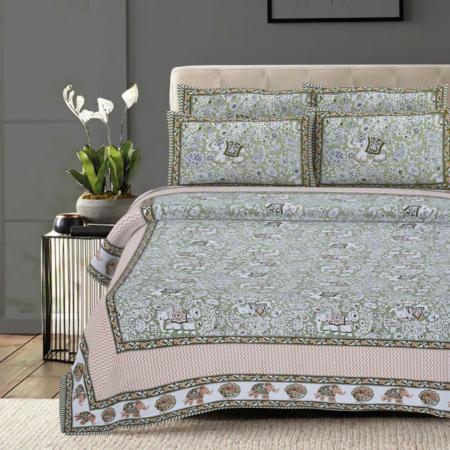 Rudra Bazaar Green 210 TC Cotton Double King Bedsheet With 2 Pillow Covers