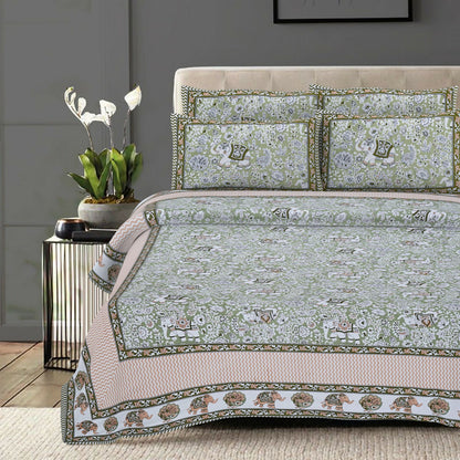 Rudra Bazaar Green 210 TC Cotton Double King Bedsheet With 2 Pillow Covers